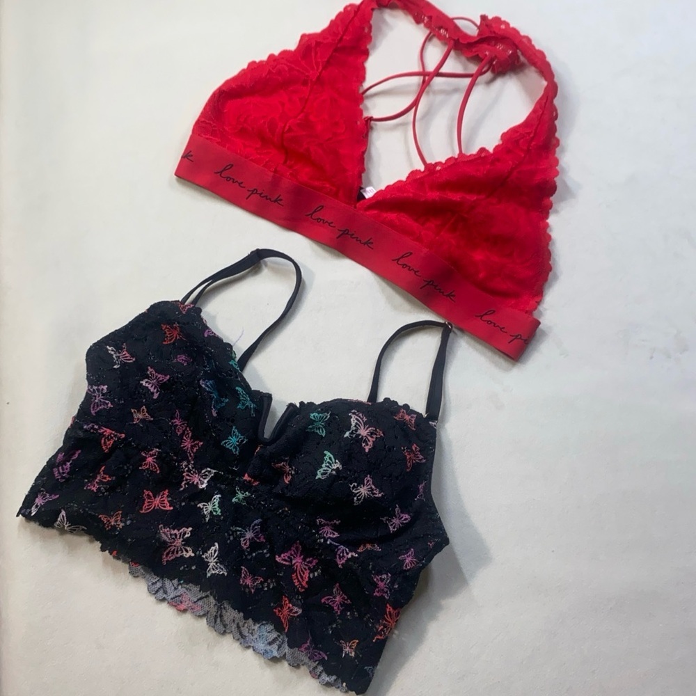 PINK Victoria's Secret Bright Red Bralette‎ & Black bralette